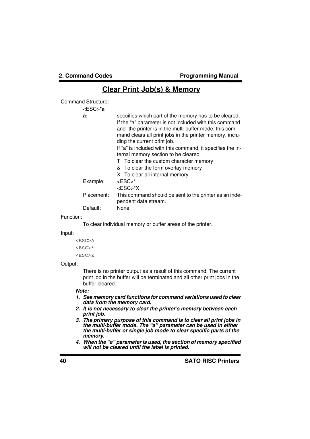 SATO XL400/410, M8460S, M8490S, M-8400RV, M8485S, M8459S, CL408/412, CL608/612 manual Clear Print Jobs & Memory 