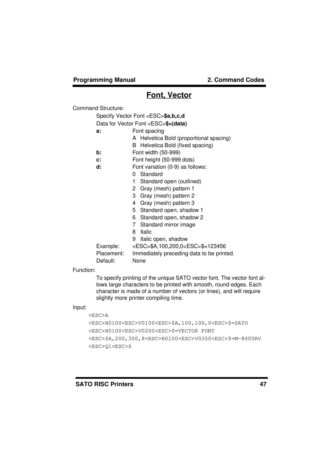 SATO CL608/612, XL400/410, M8460S, M8490S, M-8400RV, M8485S, M8459S, CL408/412 manual Font, Vector 