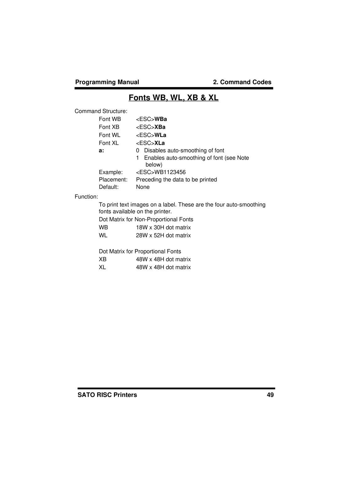 SATO M8460S, XL400/410, M8490S, M-8400RV, M8485S, M8459S, CL408/412, CL608/612 manual Fonts WB, WL, XB & XL 