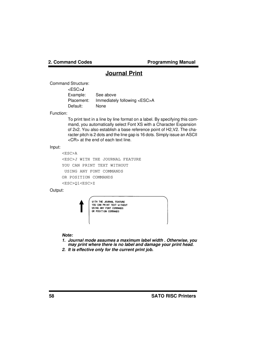 SATO M8490S, XL400/410, M8460S, M-8400RV, M8485S, M8459S, CL408/412, CL608/612 manual Journal Print, Esc J 