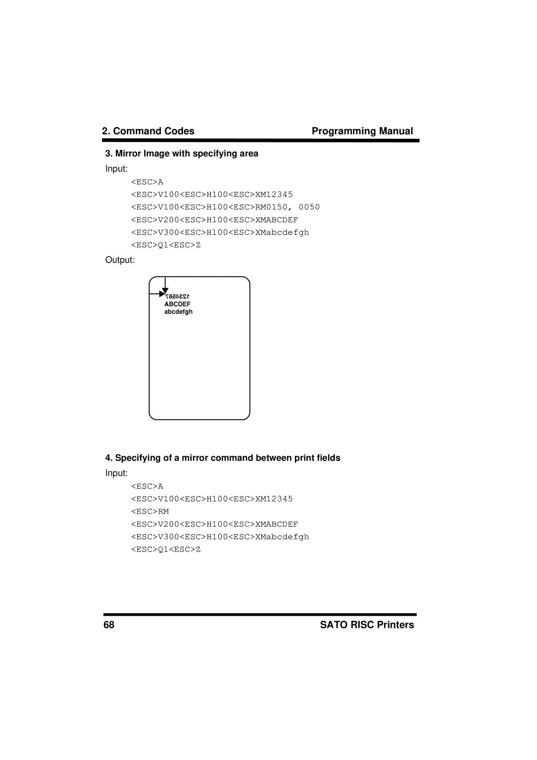 SATO M8485S, XL400/410, M8460S manual Mirror Image with specifying area, Specifying of a mirror command between print fields 