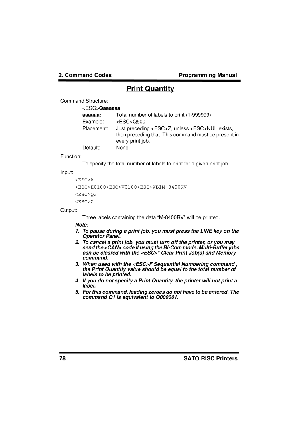 SATO CL408/412, XL400/410, M8460S, M8490S, M-8400RV, M8485S, M8459S, CL608/612 manual Print Quantity, ESCQaaaaaa 
