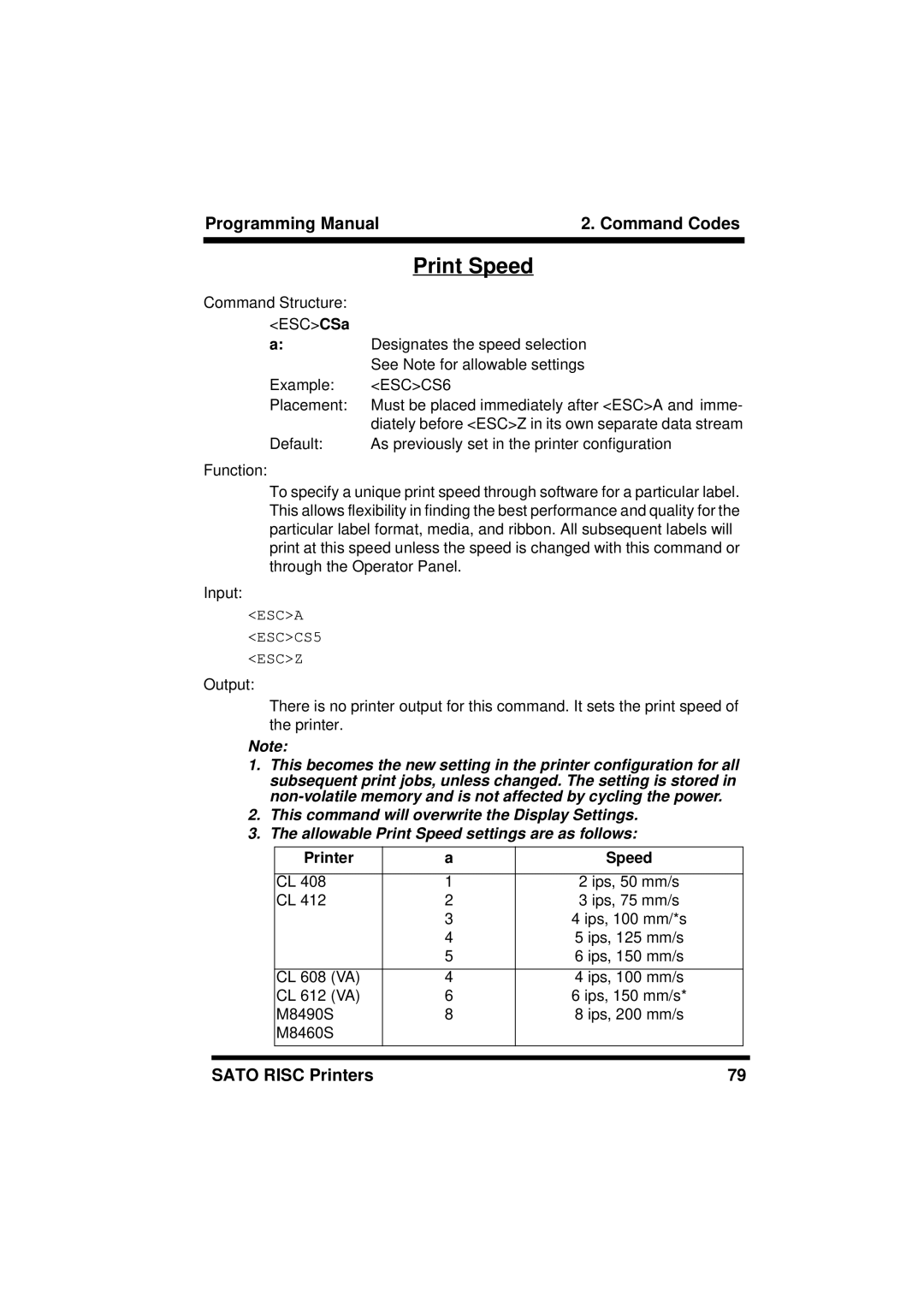 SATO CL608/612, XL400/410, M8460S, M8490S, M-8400RV, M8485S, M8459S, CL408/412 manual Print Speed, ESCCS6, Printer Speed 