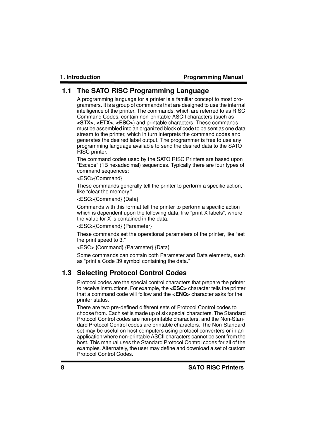 SATO XL400/410, M8460S, M8490S, M-8400RV, M8485S, M8459S manual Sato Risc Programming Language, Selecting Protocol Control Codes 