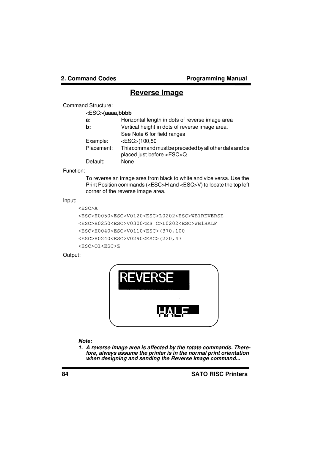 SATO M8485S, XL400/410, M8460S, M8490S, M-8400RV, M8459S, CL408/412, CL608/612 manual Reverse Image, ESCaaaa,bbbb 