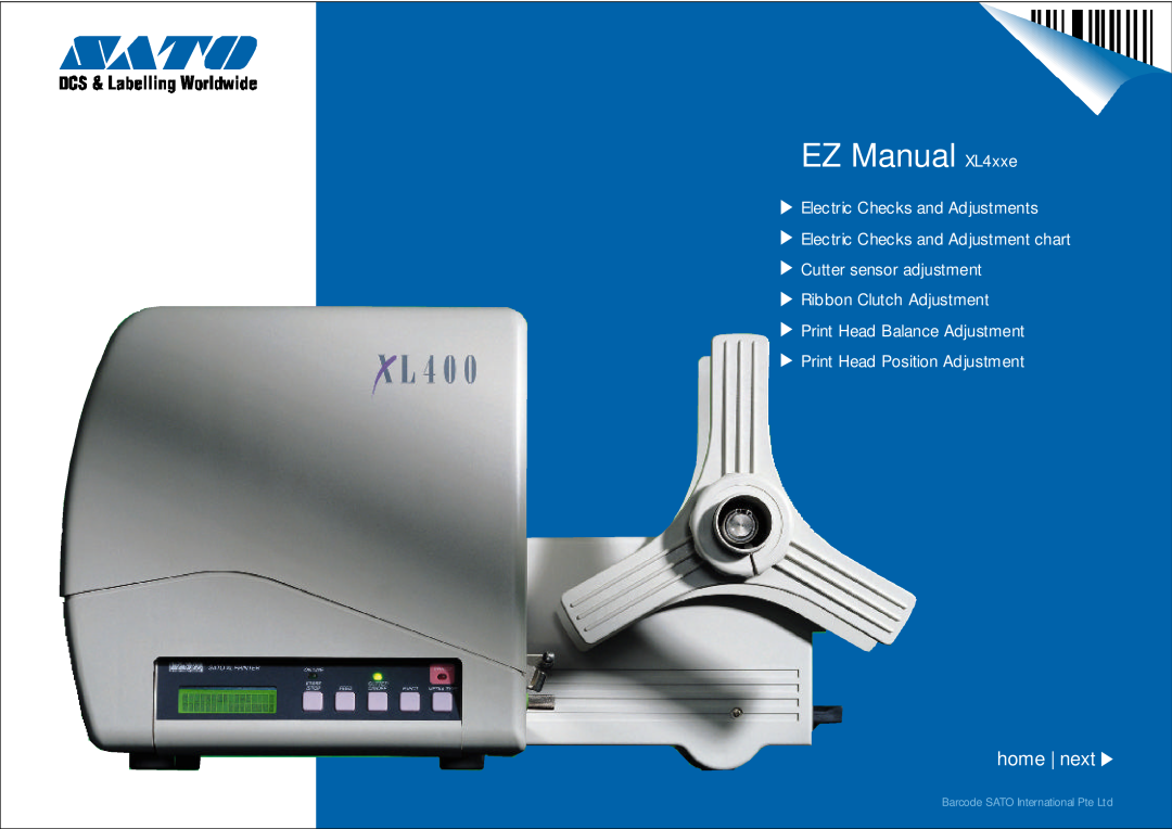 SATO manual EZ Manual XL4xxe, home next, Electric Checks and Adjustments Electric Checks and Adjustment chart 