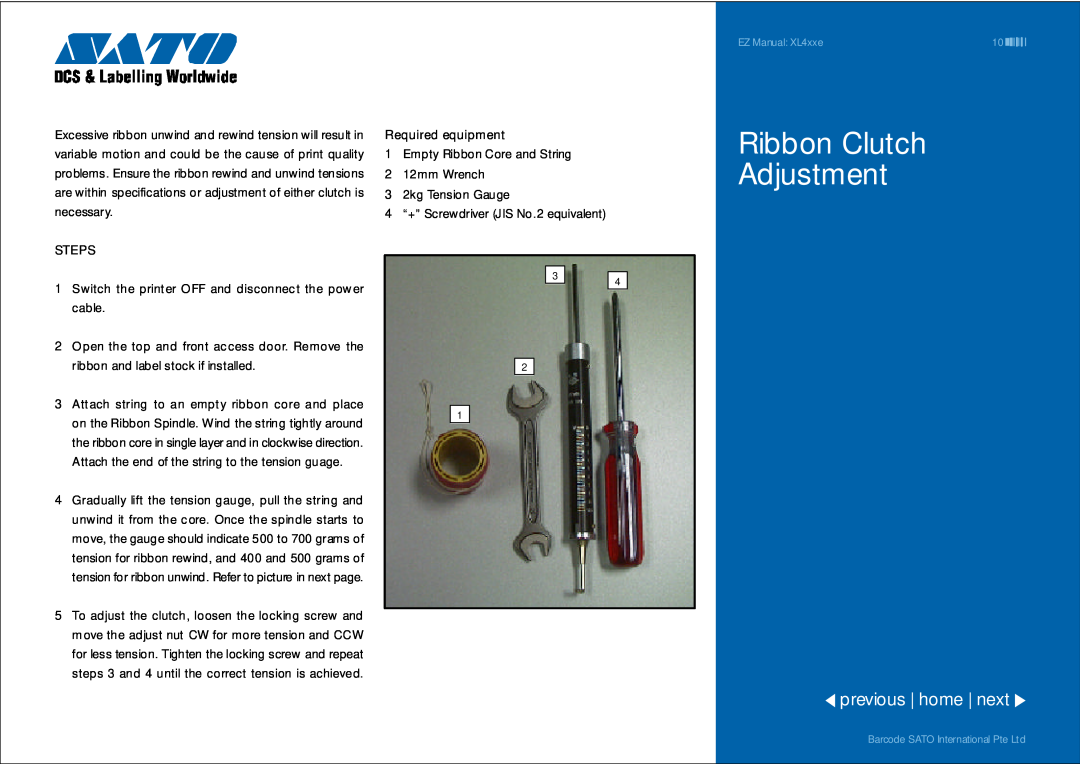 SATO XL4xxe manual Ribbon Clutch Adjustment, previous home next 