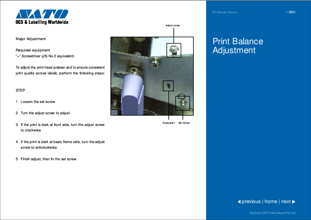 SATO XL4xxe manual Print Balance Adjustment, previous home next 