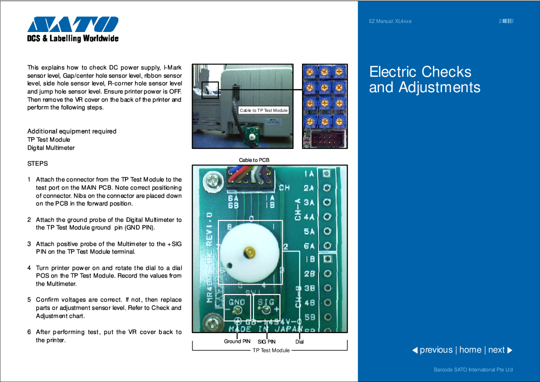SATO XL4xxe manual Electric Checks and Adjustments, previous home next 