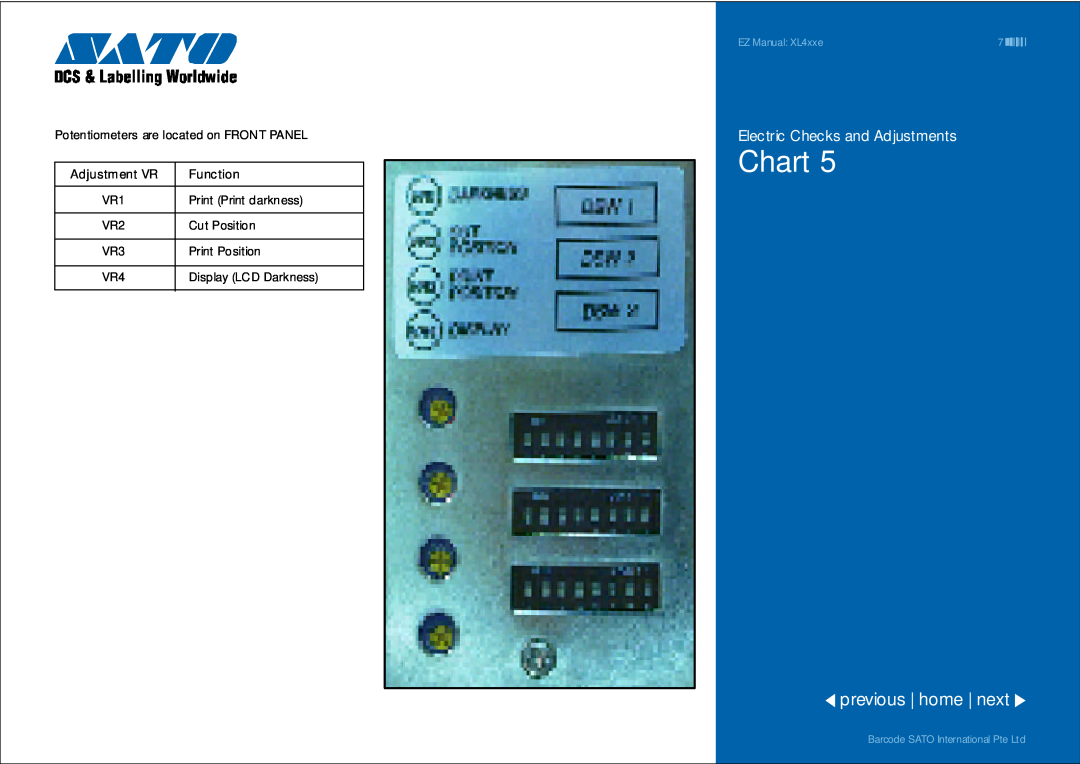 SATO XL4xxe manual Chart, previous home next, Electric Checks and Adjustments, Potentiometers are located on FRONT PANEL 