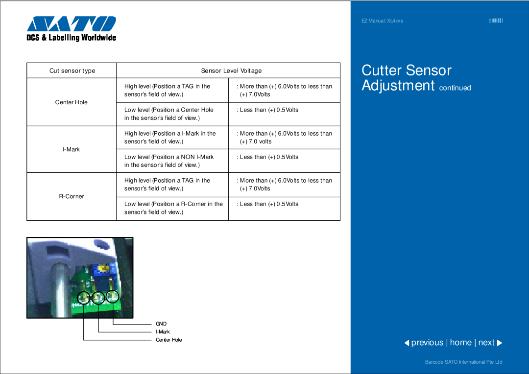 SATO XL4xxe manual Cutter Sensor Adjustment continued, previous home next, GND I-Mark Center-Hole 