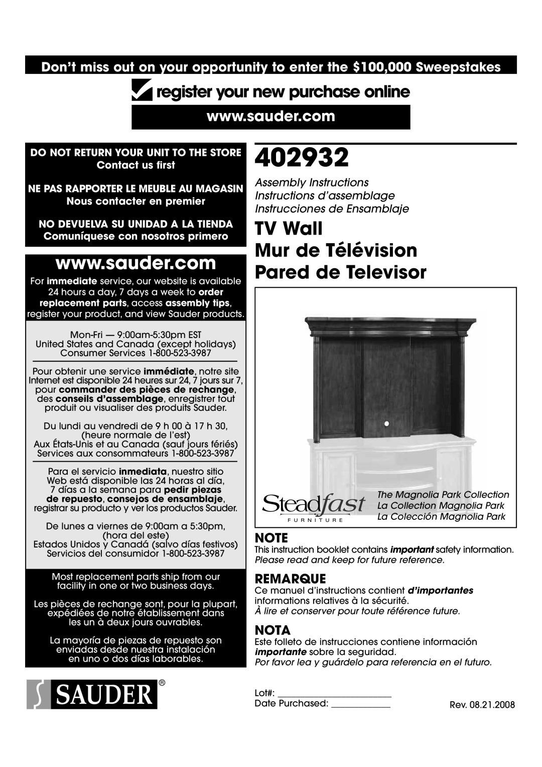 Sauder 402932 manual 