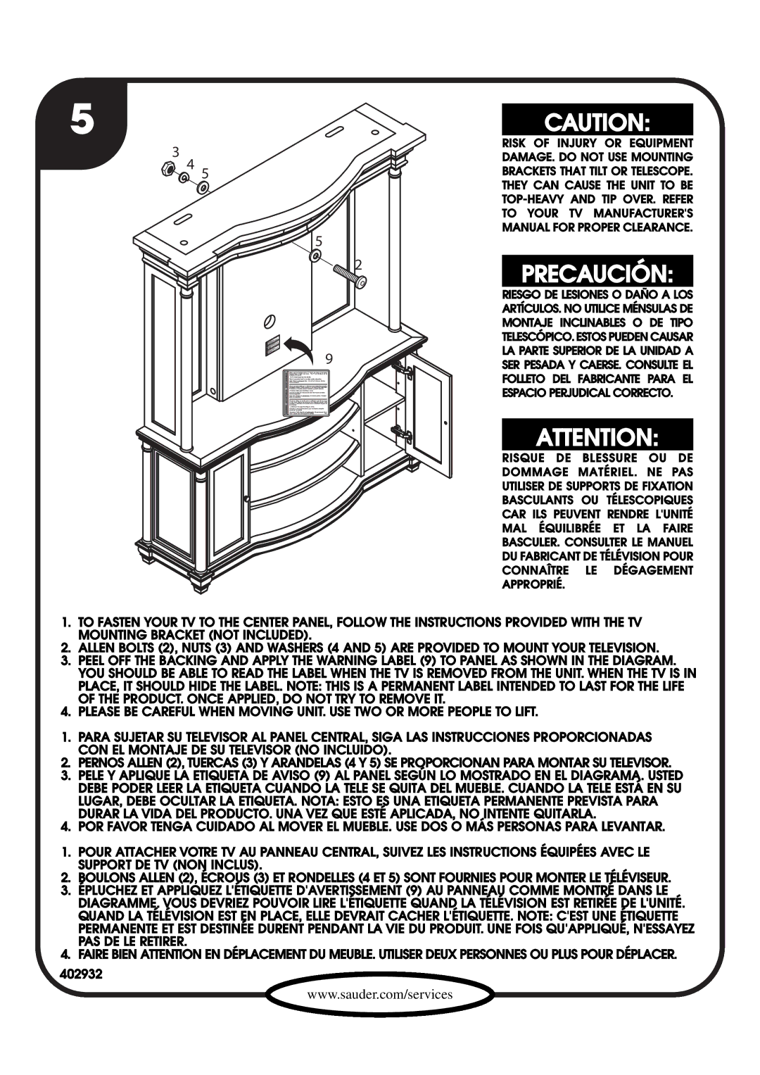 Sauder 402932 manual Precaución 