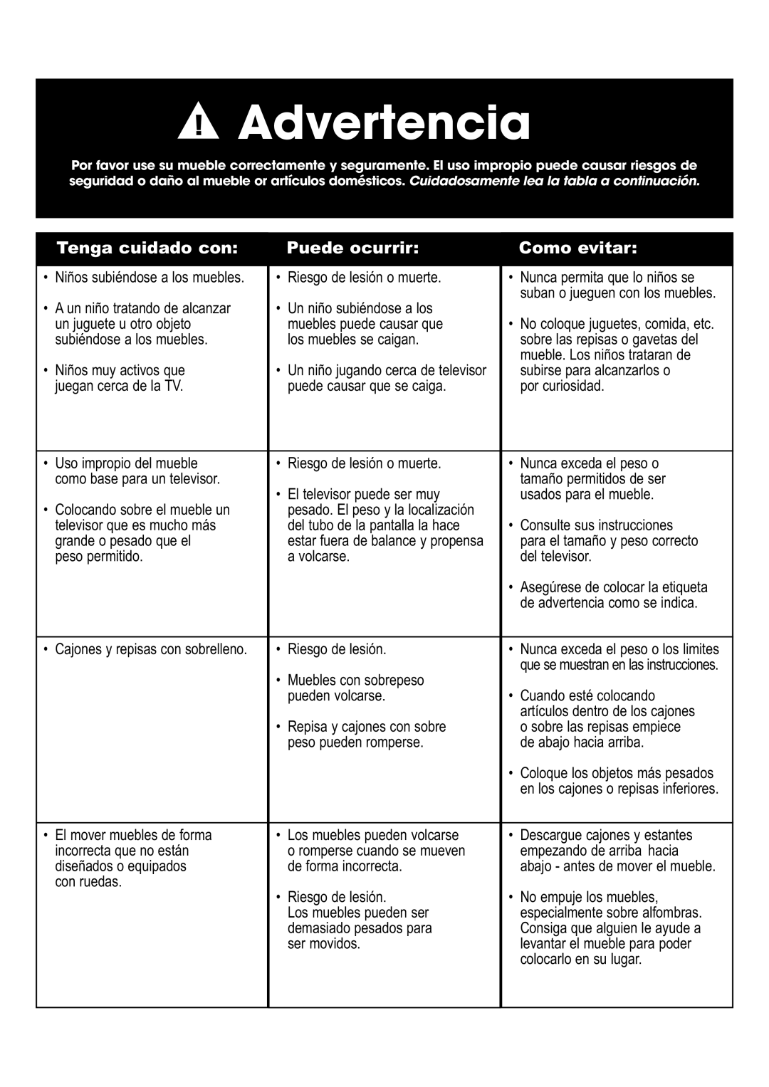 Sauder 402932 manual Advertencia 