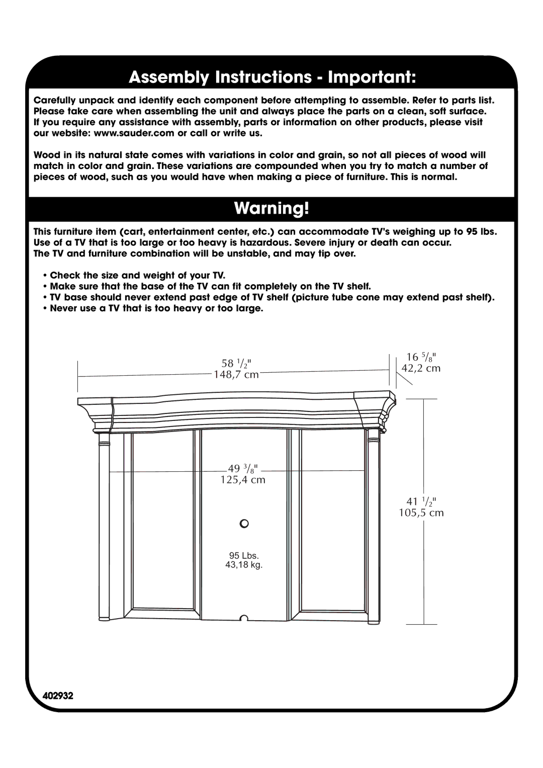 Sauder 402932 manual Assembly Instructions Important 