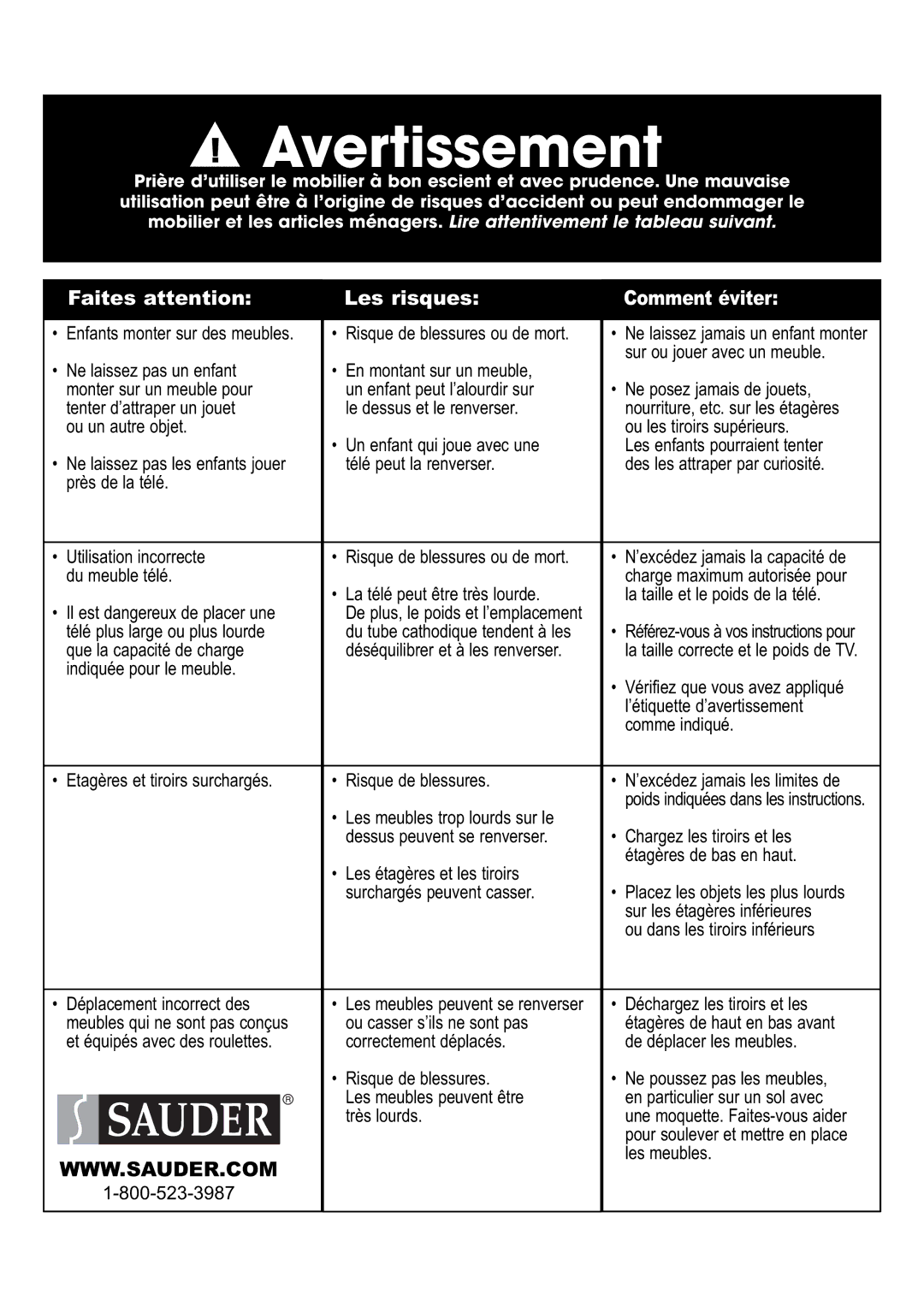 Sauder 402932 manual Avertissement 