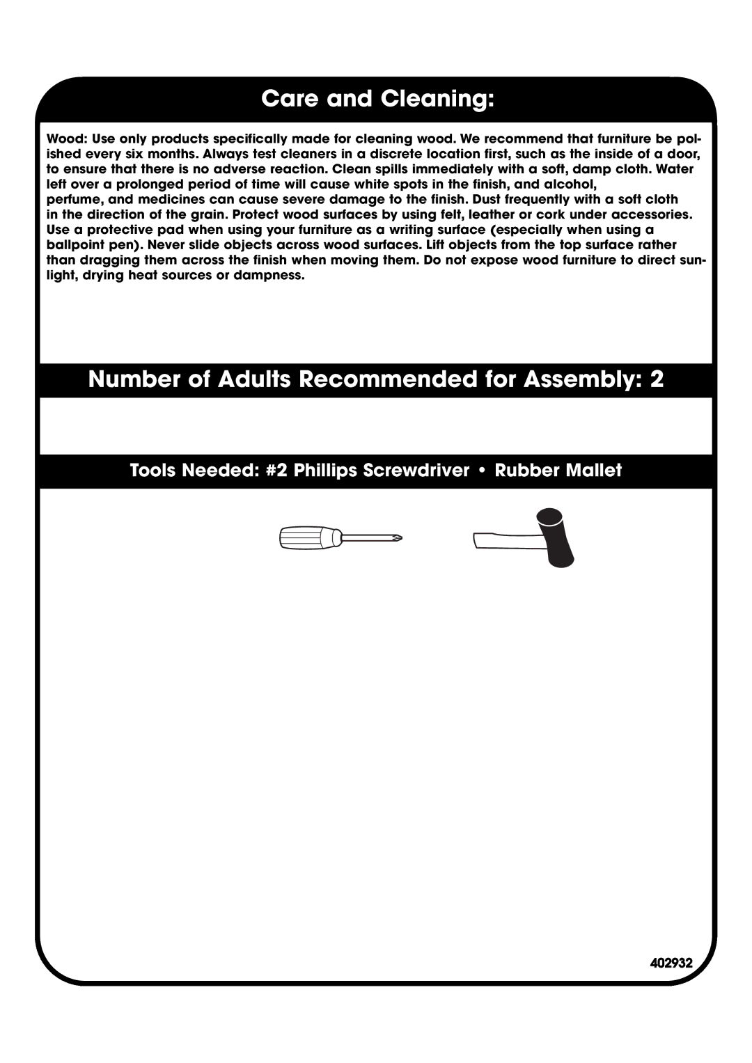 Sauder 402932 manual Care and Cleaning, Number of Adults Recommended for Assembly 