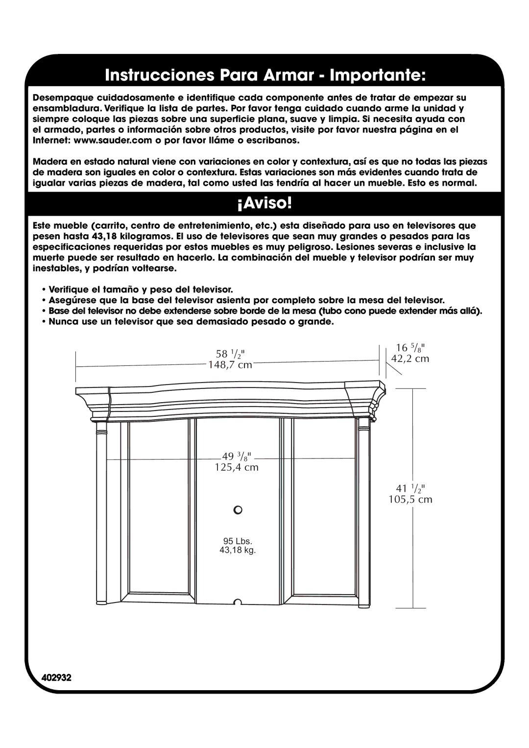 Sauder 402932 manual Instrucciones Para Armar Importante, ¡Aviso 