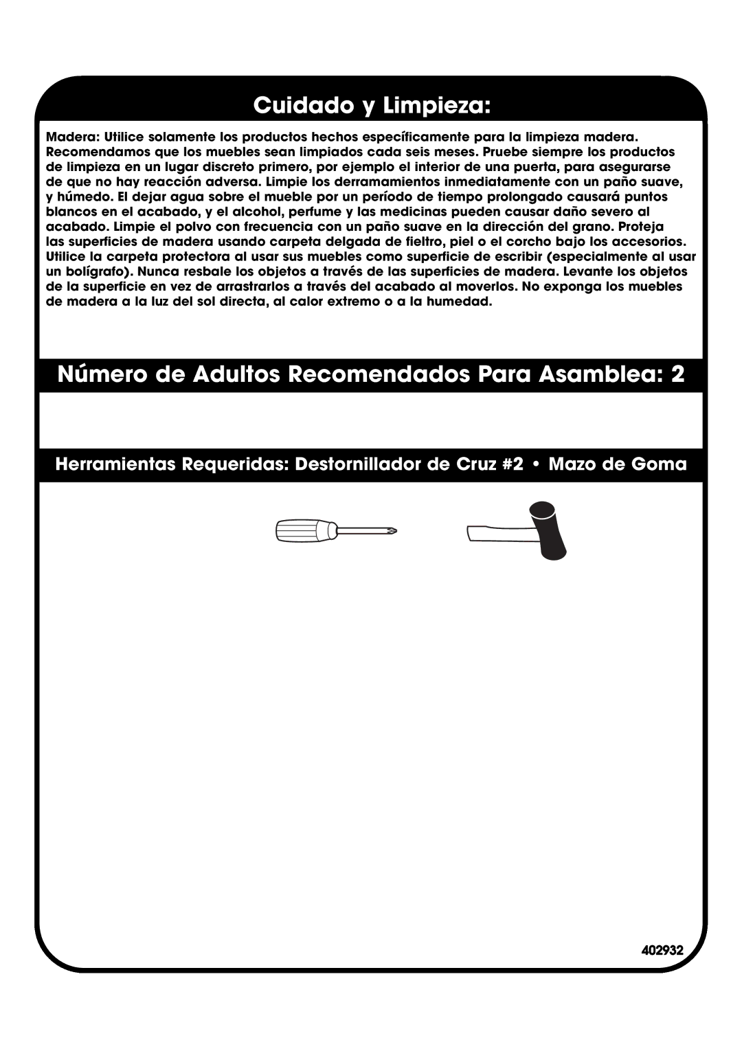 Sauder 402932 manual Cuidado y Limpieza, Número de Adultos Recomendados Para Asamblea 