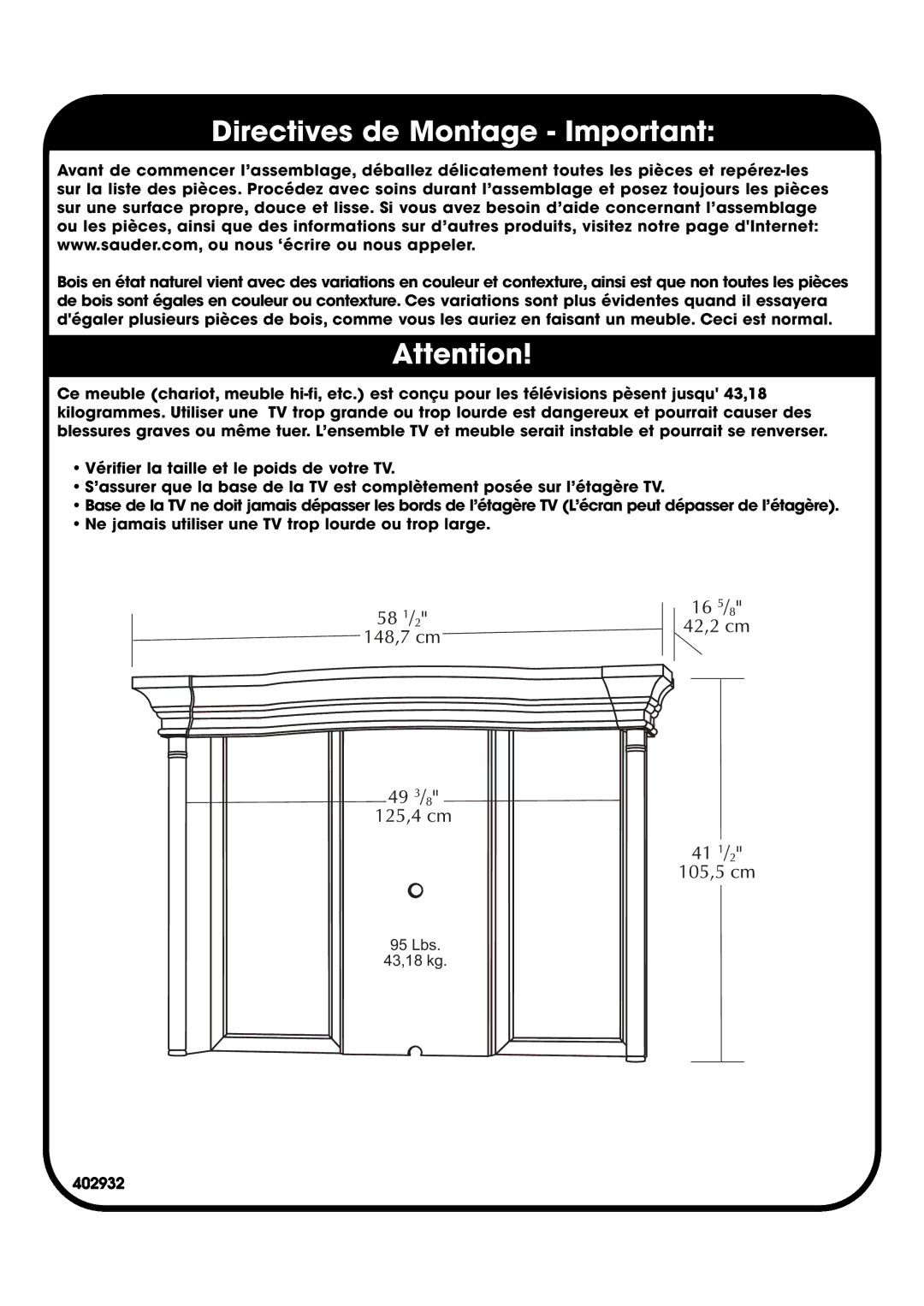 Sauder 402932 manual Directives de Montage Important 