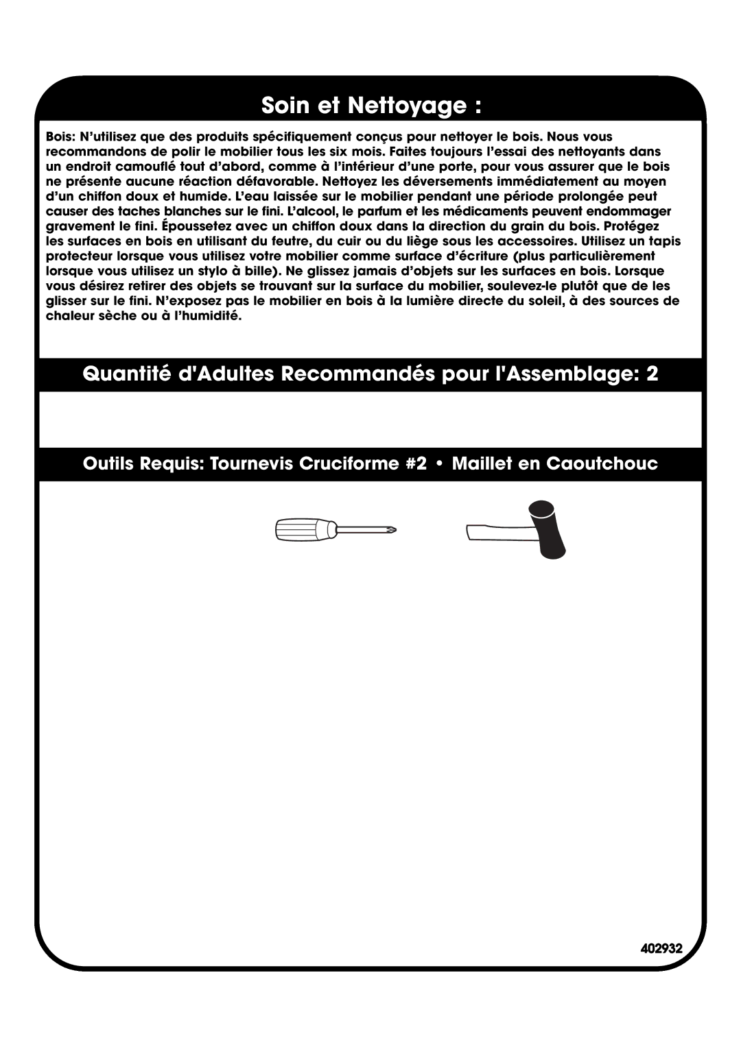 Sauder 402932 manual Soin et Nettoyage 