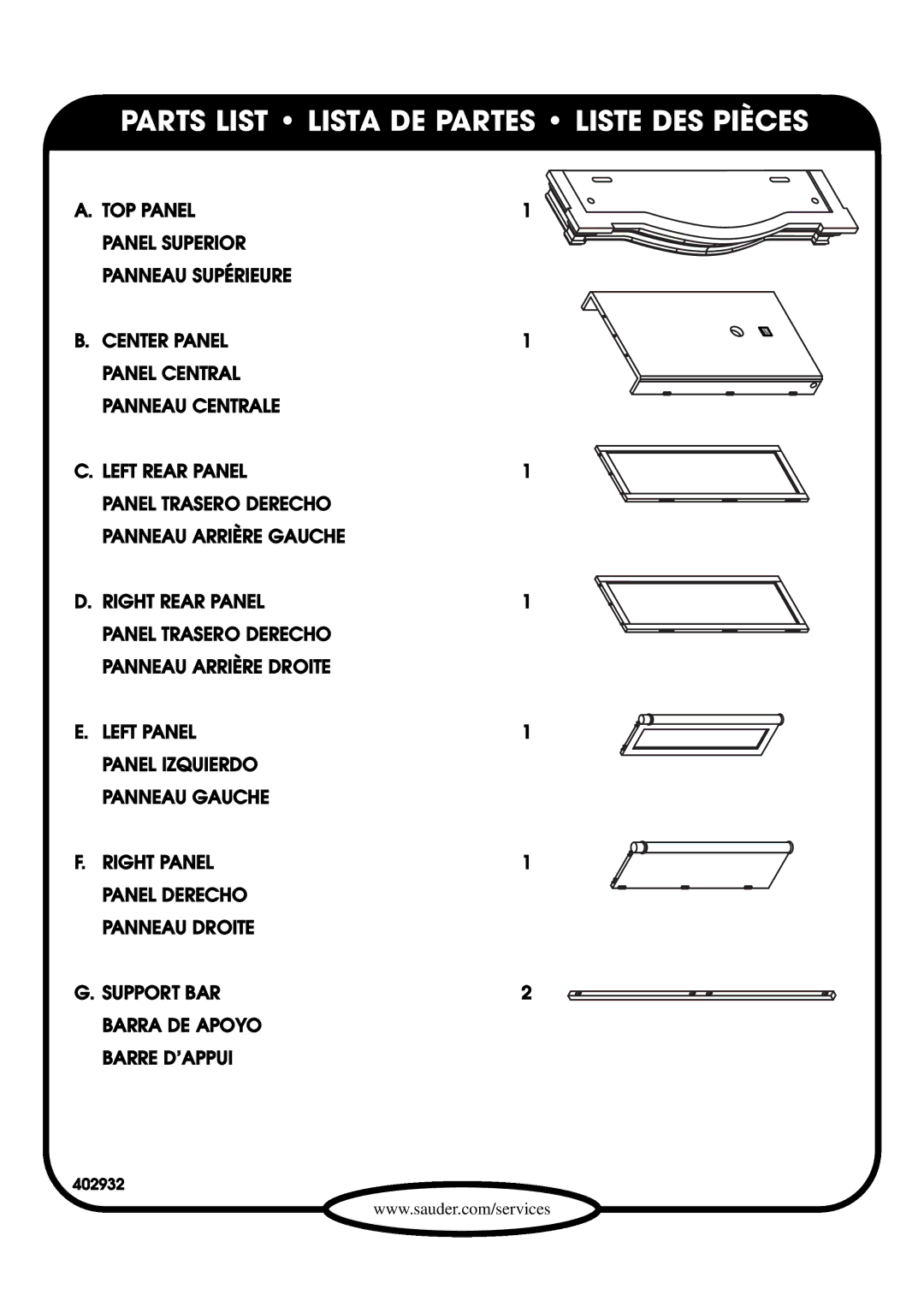 Sauder 402932 manual Parts List Lista DE Partes Liste DES Pièces 