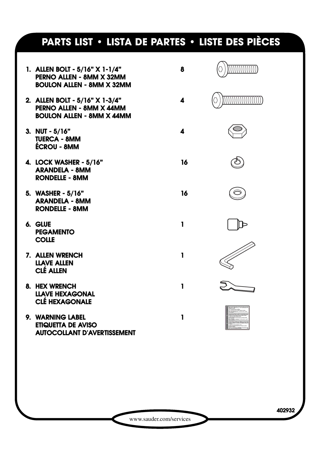 Sauder 402932 manual Perno Allen 8MM X 32MM Boulon Allen 8MM X 32MM 