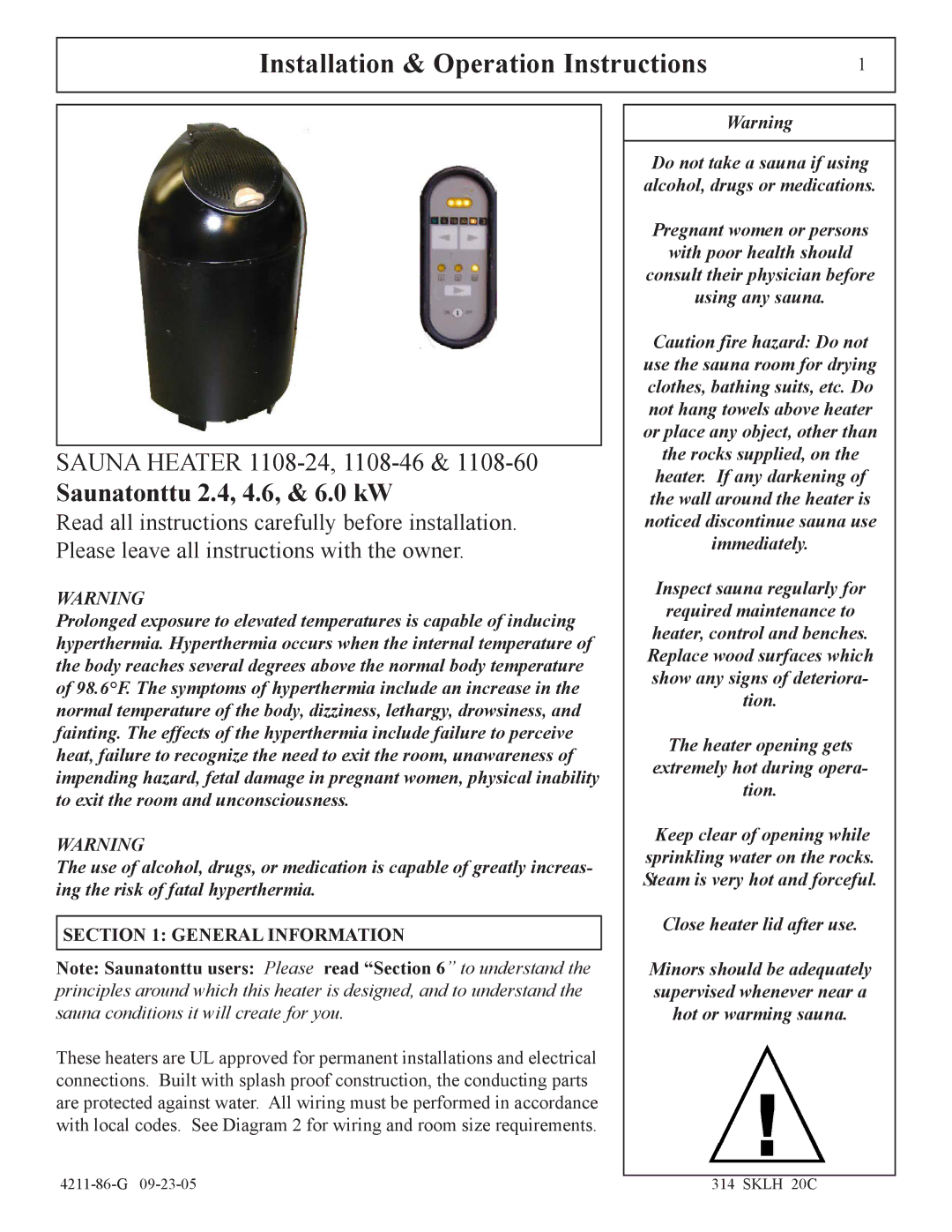 Saunatec 1108-24, 1108-60, 1108-46 manual Installation & Operation Instructions, General Information 