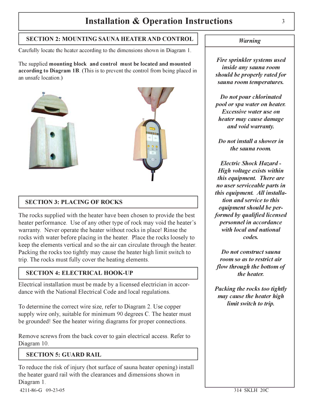 Saunatec 1108-60, 1108-24, 1108-46 manual Mounting Sauna Heater and Control, Placing of Rocks, Electrical HOOK-UP, Guard Rail 