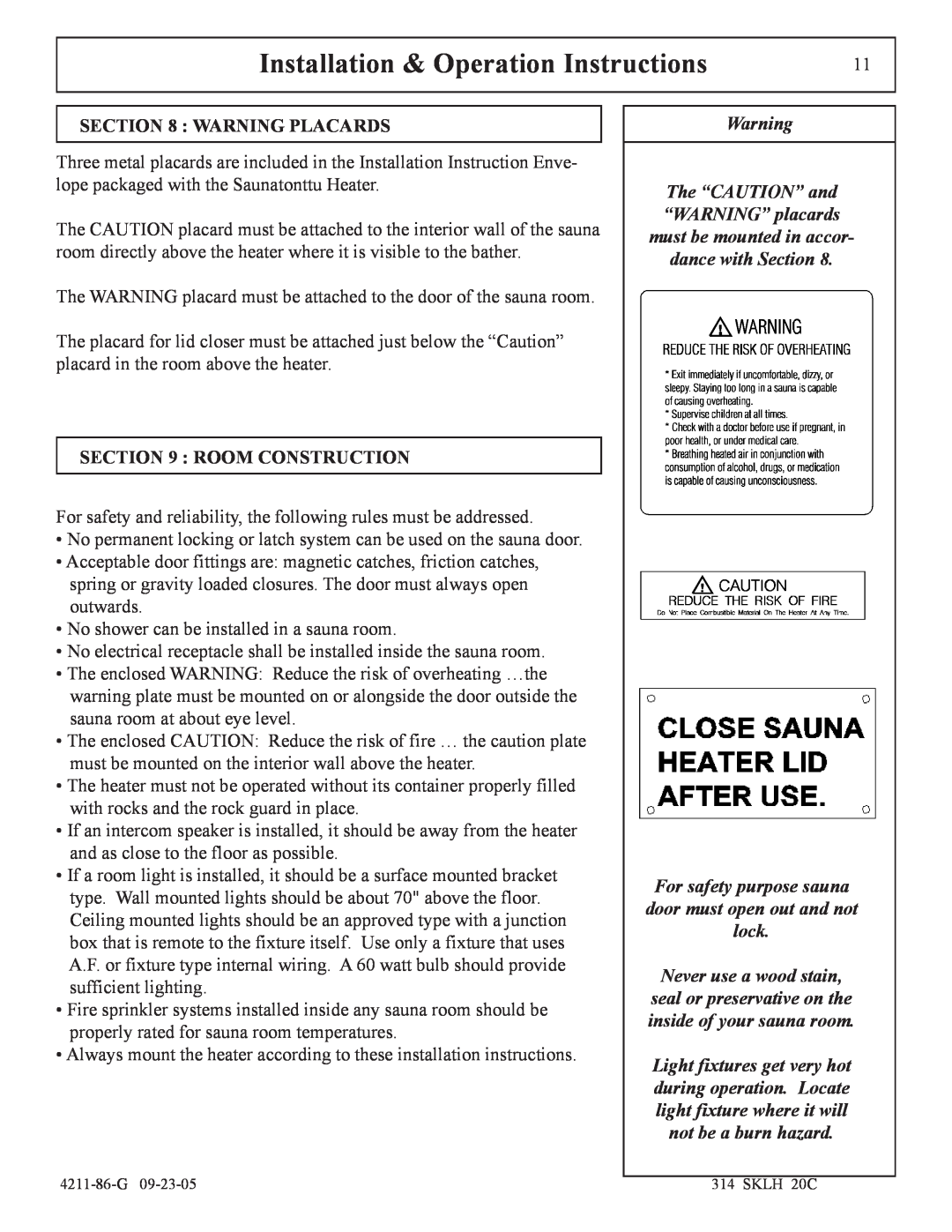 Saunatec 1108-46, 1108-60, 1108-24 manual Warning Placards, Room Construction, Installation & Operation Instructions 