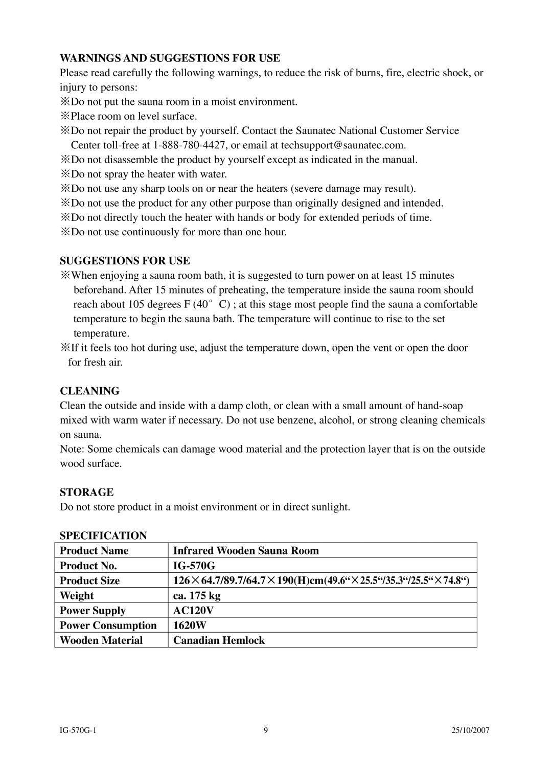 Saunatec IG-570G instruction manual Suggestions for USE, Cleaning, Storage, Specification 