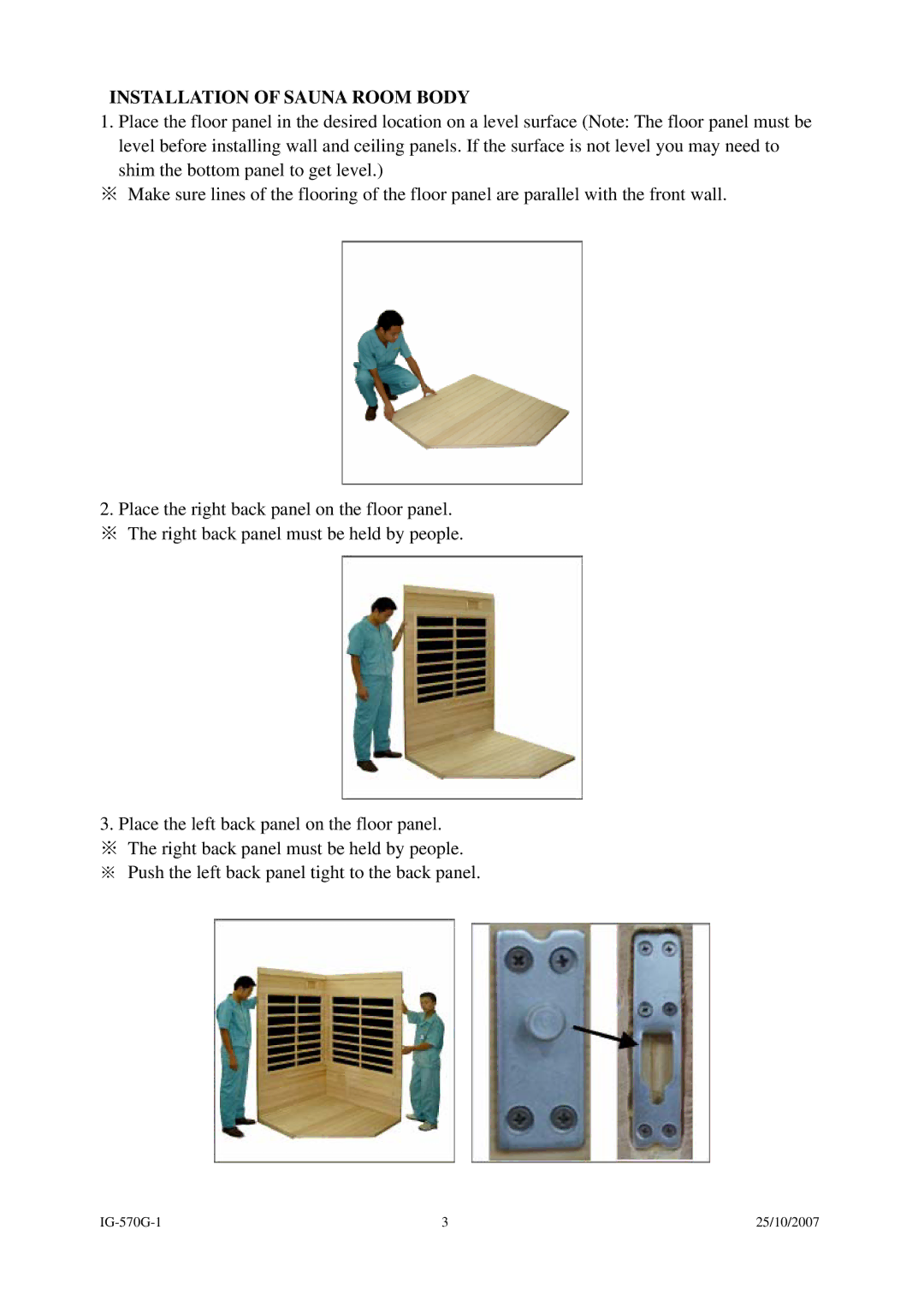 Saunatec IG-570G instruction manual Installation of Sauna Room Body 