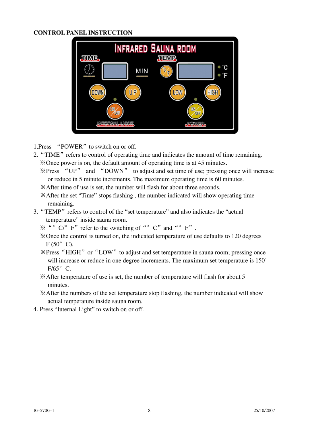 Saunatec IG-570G instruction manual Control Panel Instruction 