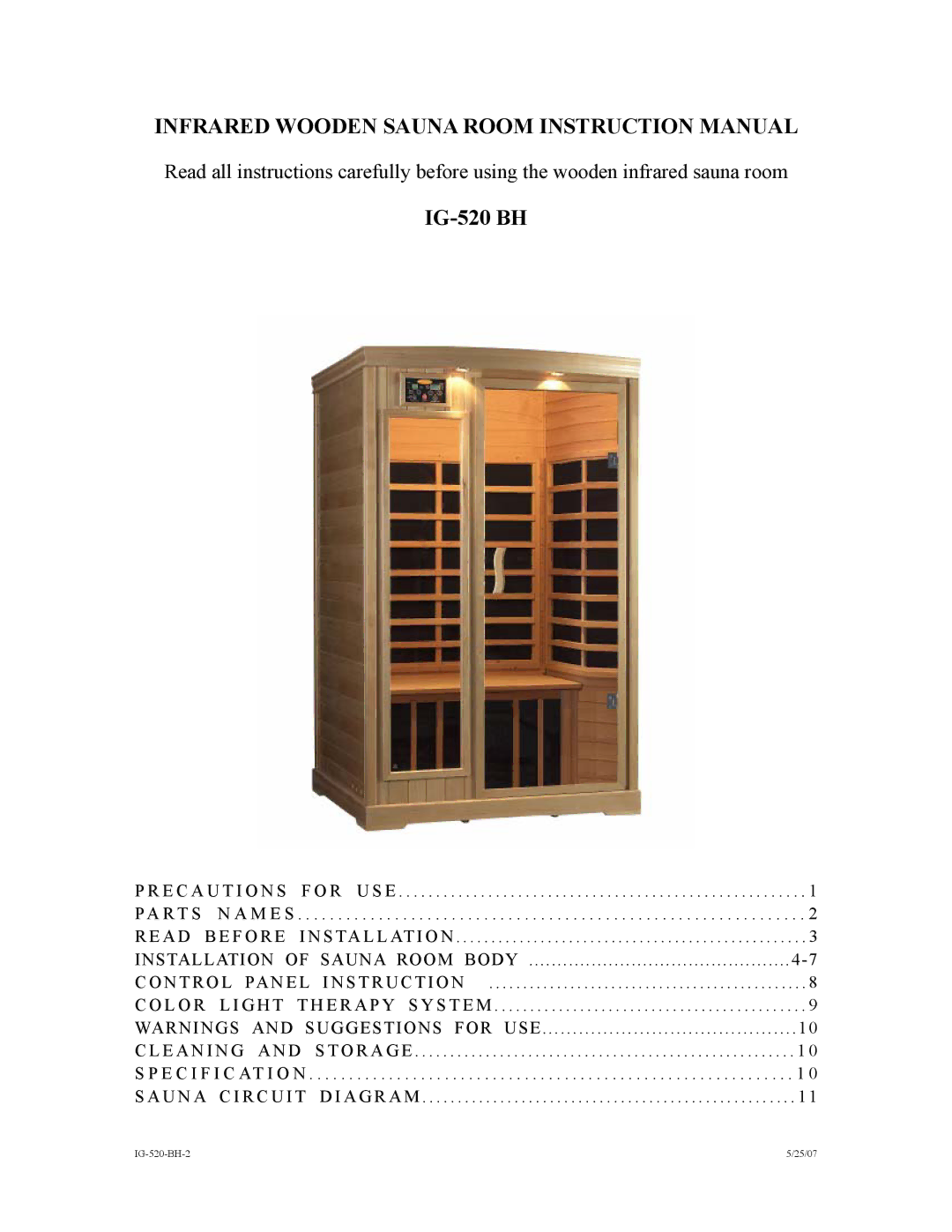 Saunatec INFRARED WOODEN SAUNA ROOM instruction manual IG-520 BH 