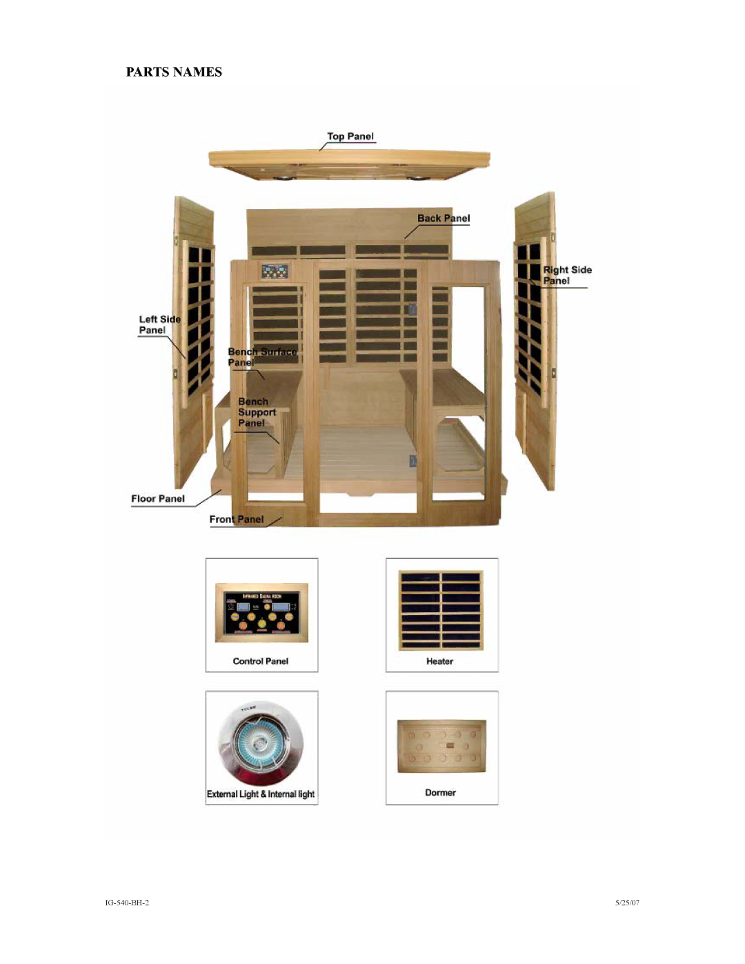 Saunatec INFRARED WOODEN SAUNA ROOM, IG-540-BH-2 5/25/07 instruction manual Parts Names 