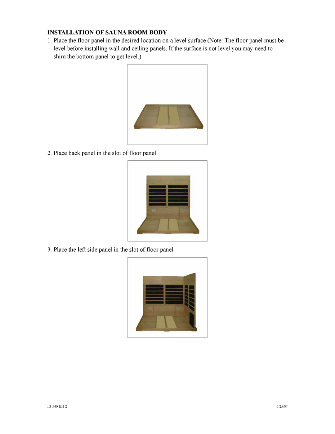 Saunatec INFRARED WOODEN SAUNA ROOM, IG-540-BH-2 5/25/07 instruction manual Installation of Sauna Room Body 