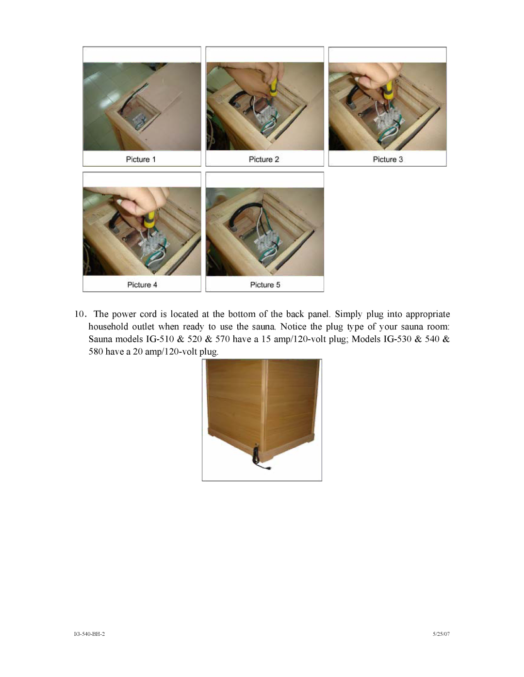 Saunatec IG-540-BH-2 5/25/07, INFRARED WOODEN SAUNA ROOM instruction manual IG-540-BH-2 25/07 