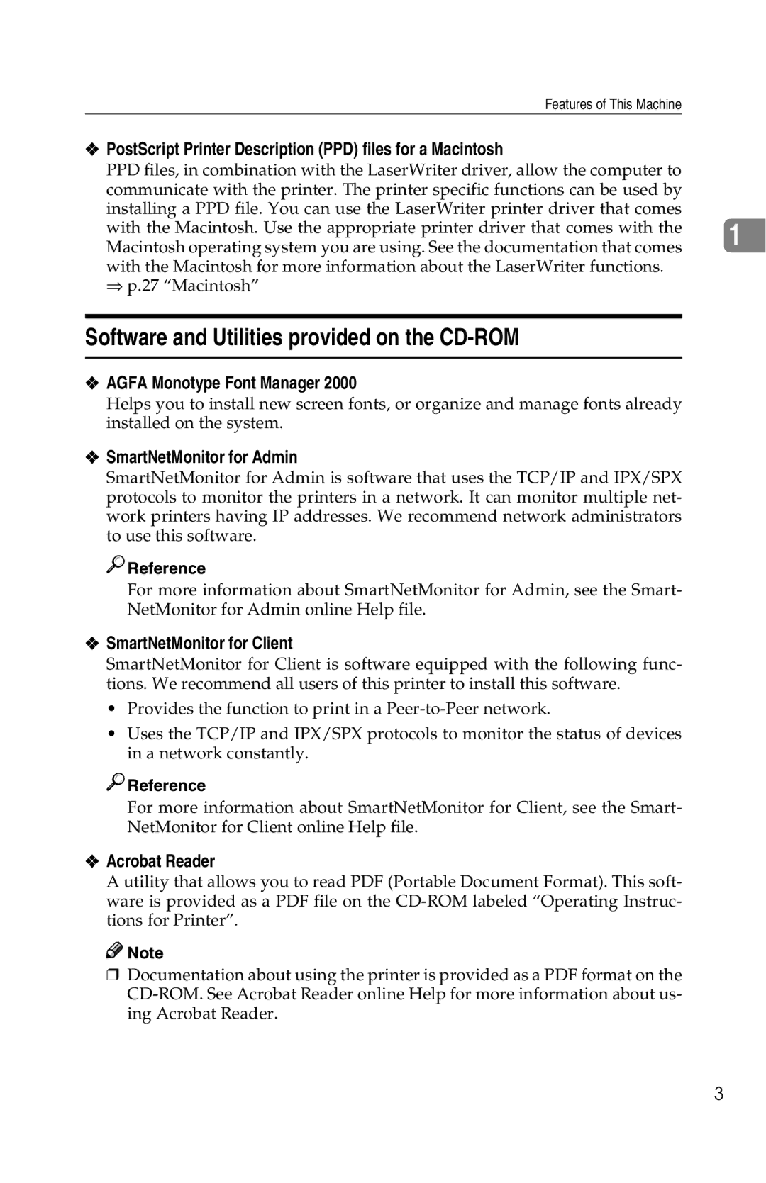 Savin 1013 operating instructions Software and Utilities provided on the CD-ROM 