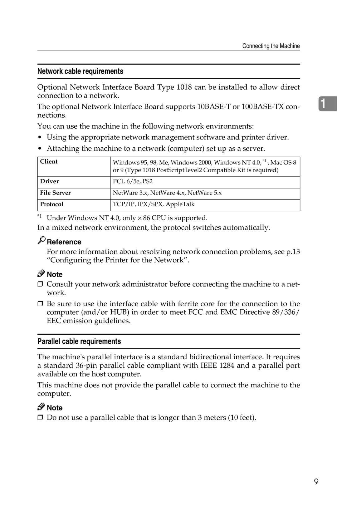 Savin 1013 operating instructions Network cable requirements, Parallel cable requirements, Client 