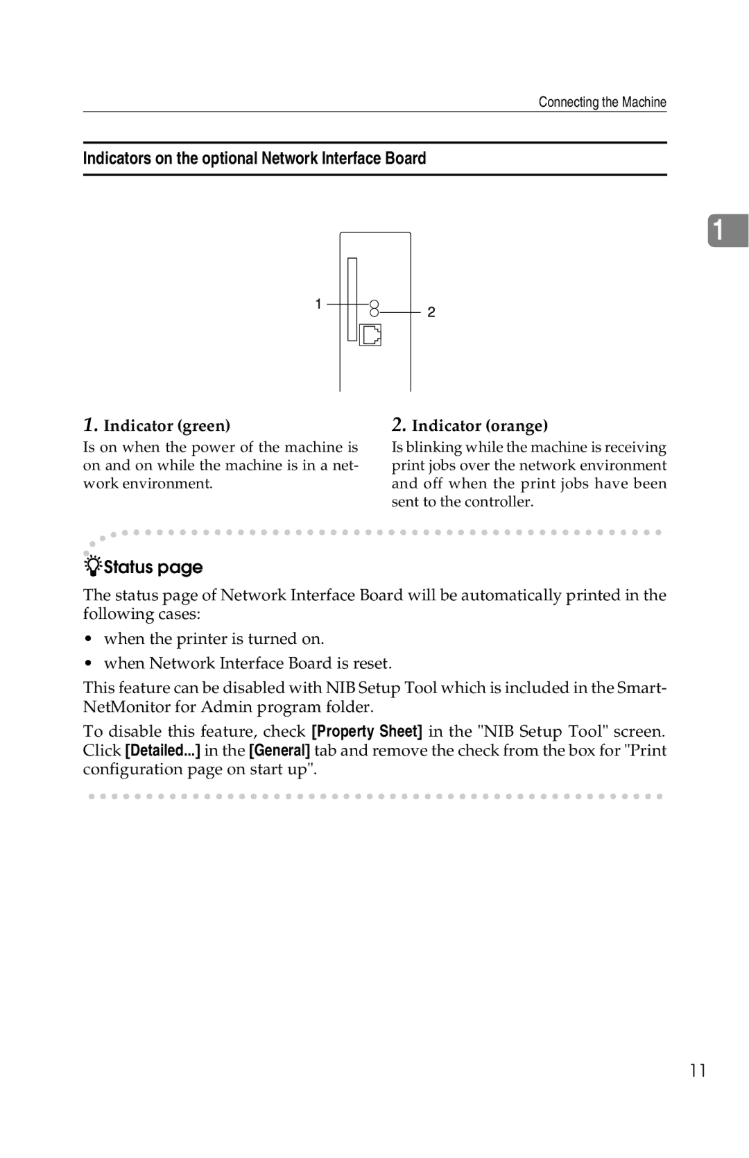 Savin 1013 operating instructions Indicators on the optional Network Interface Board, Indicator green Indicator orange 