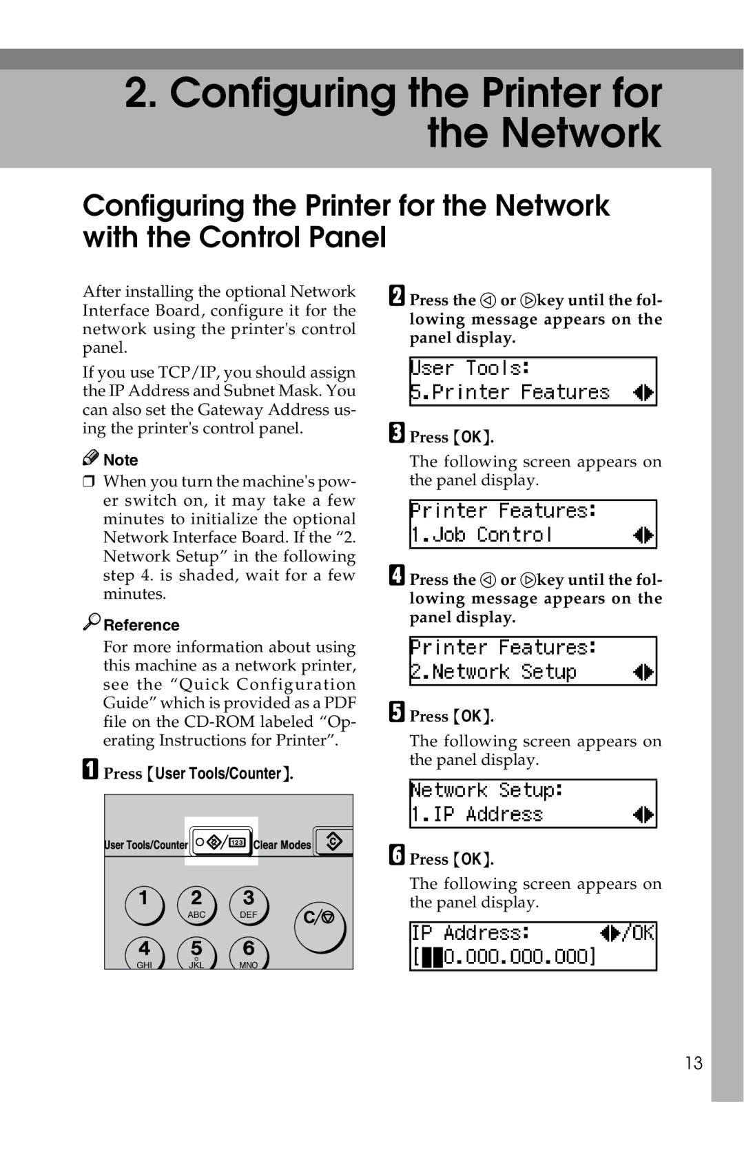 Savin 1013 operating instructions Configuring the Printer for the Network, Press User Tools/Counter 