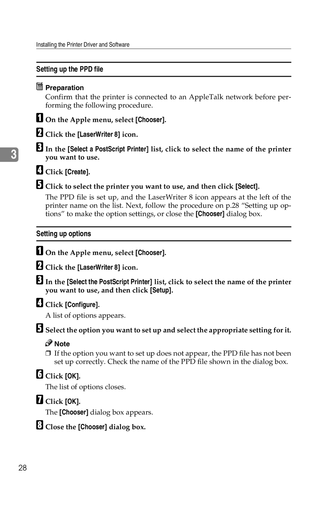 Savin 1013 operating instructions Setting up the PPD file, Click the LaserWriter 8 icon, Click Create, Click Configure 