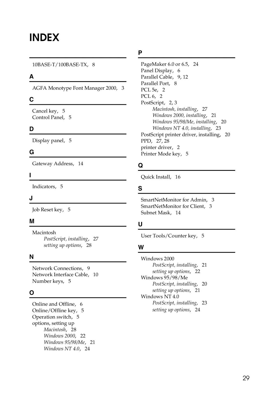 Savin 1013 operating instructions Index 