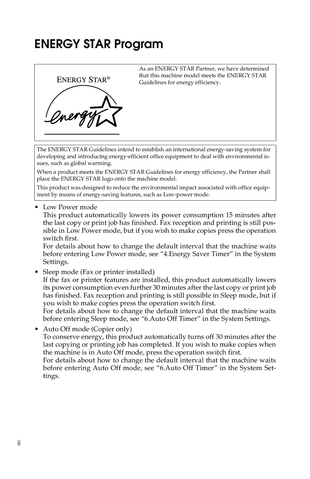 Savin 1013 operating instructions Energy Star Program 