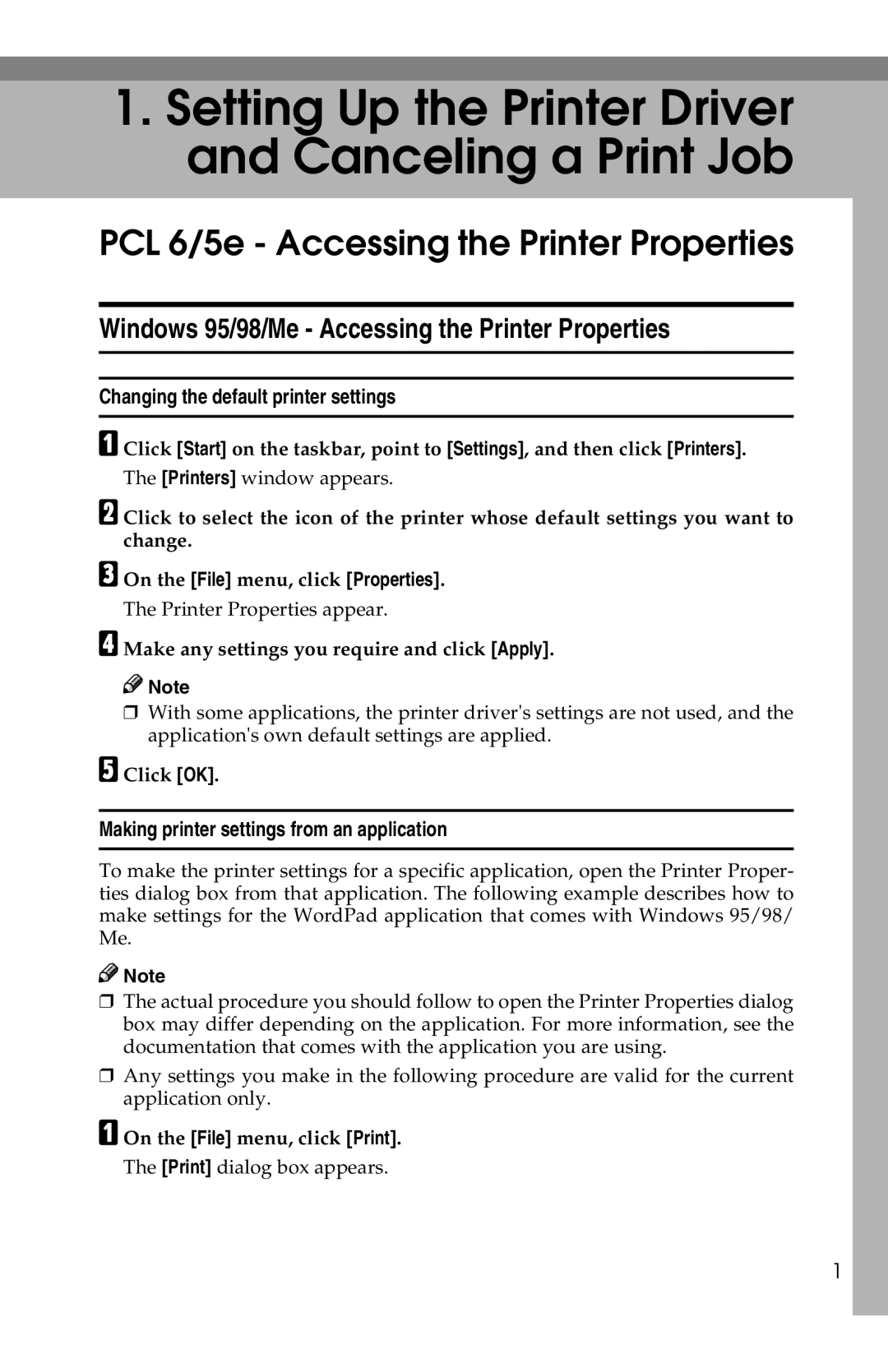 Savin 1013 PCL 6/5e Accessing the Printer Properties, Windows 95/98/Me Accessing the Printer Properties 