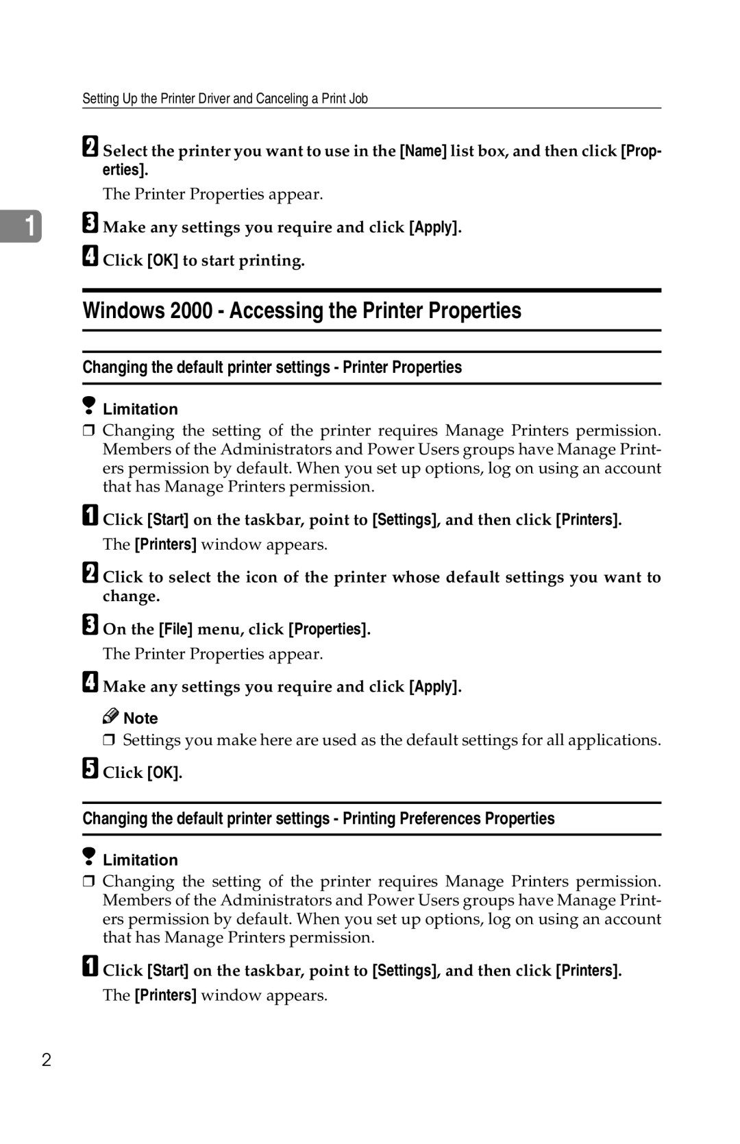 Savin 1013 Windows 2000 Accessing the Printer Properties, Changing the default printer settings Printer Properties 