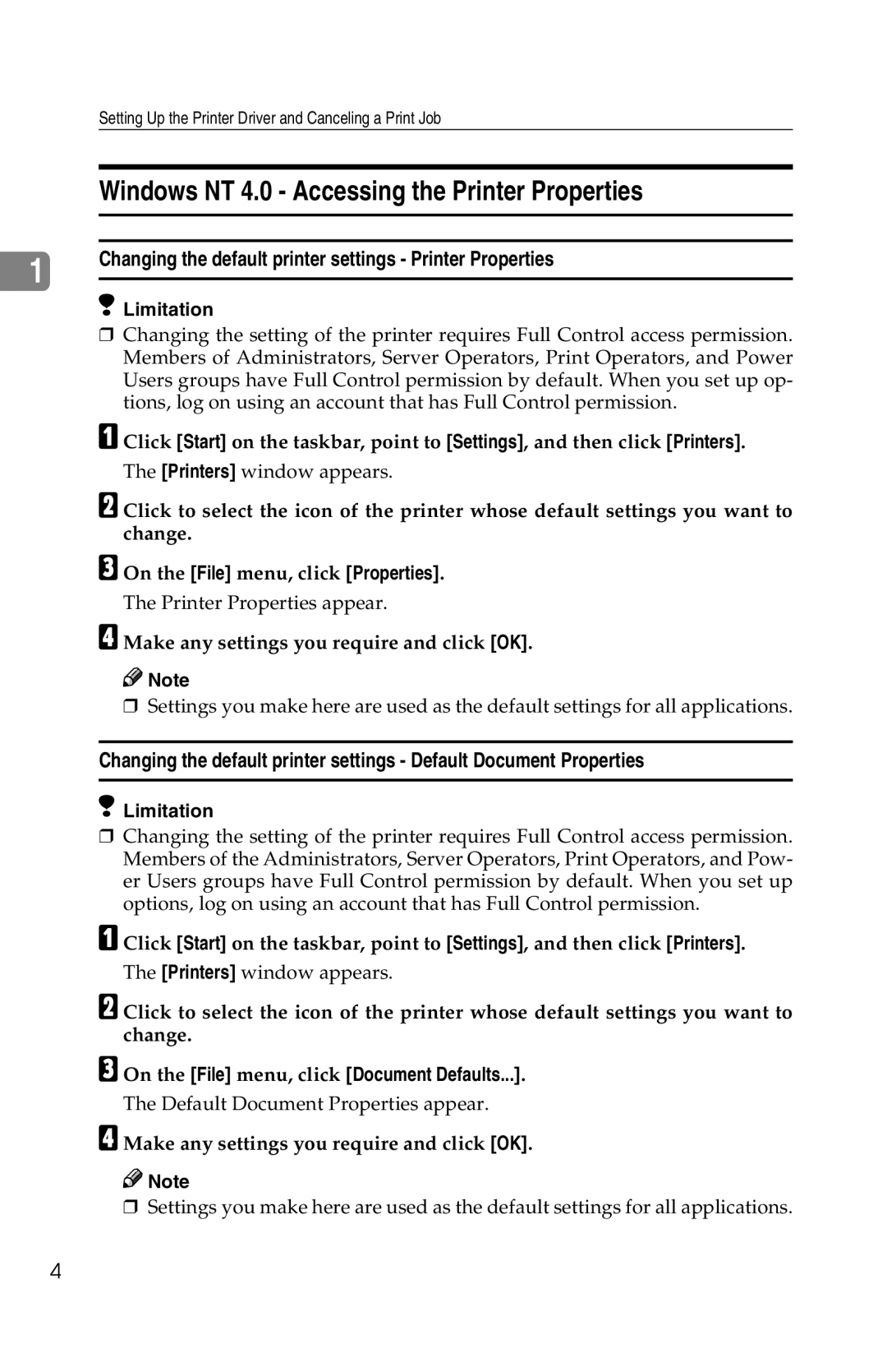 Savin 1013 operating instructions Windows NT 4.0 Accessing the Printer Properties 