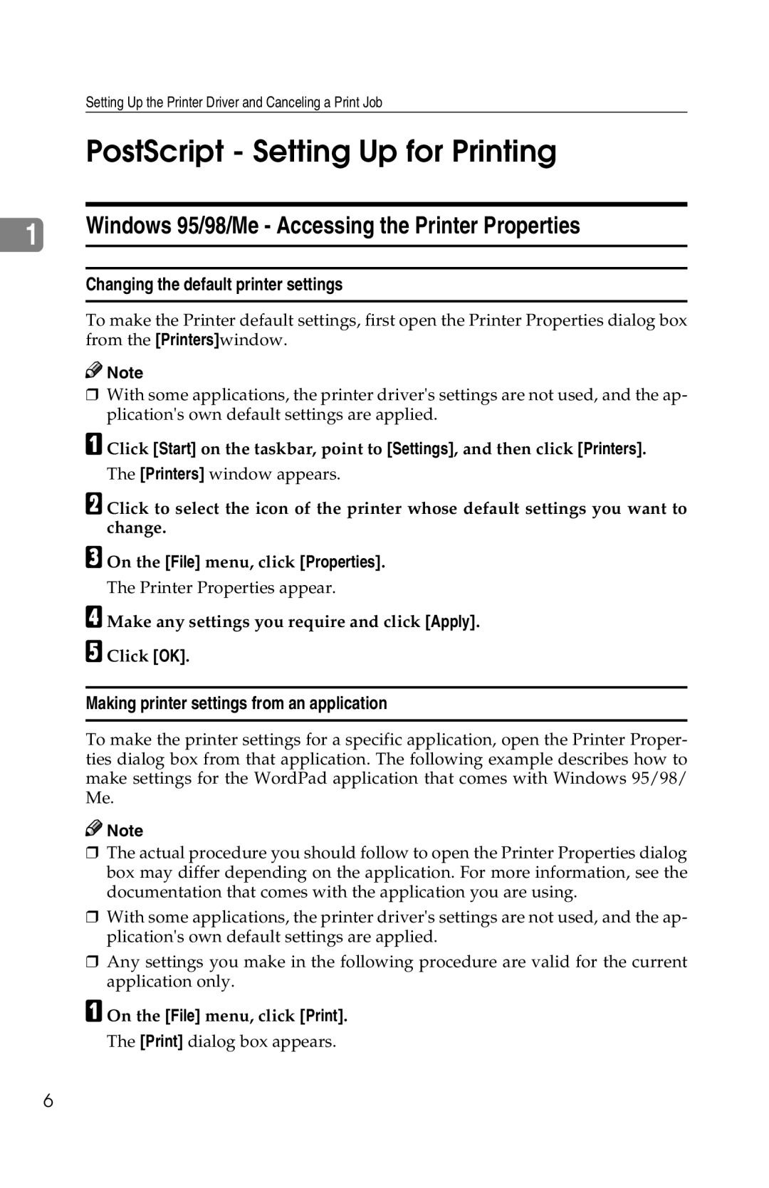 Savin 1013 operating instructions PostScript Setting Up for Printing, Windows 95/98/Me Accessing the Printer Properties 