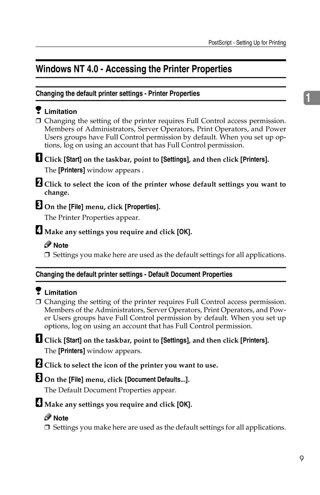 Savin 1013 operating instructions Windows NT 4.0 Accessing the Printer Properties 