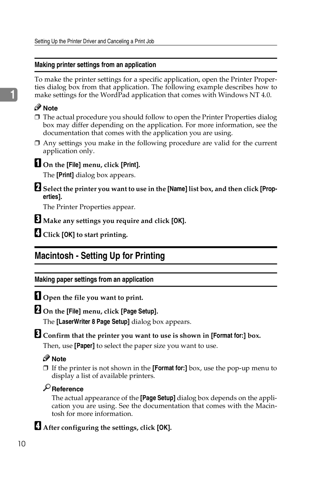 Savin 1013 operating instructions Macintosh Setting Up for Printing, Making paper settings from an application 